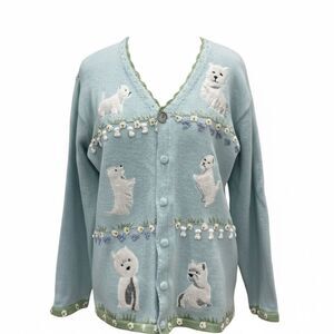 Storybook Knits Light Blue Cardigan with Yorkie motifs